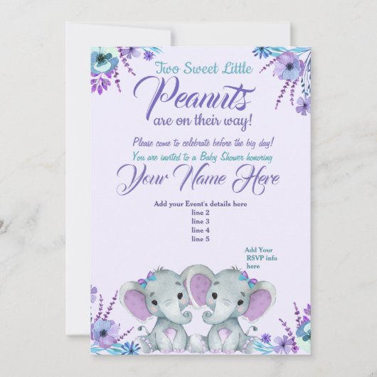 Twins Meisje Olifanten Baby shower Invitation Flor Kaart (Voorkant)