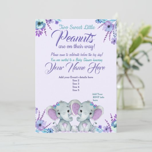 Twins Meisje Olifanten Baby shower Invitation Flor Kaart (Staand voorkant)