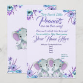 Twins Meisje Olifanten Baby shower Invitation Flor Kaart (Voorkant / Achterkant)