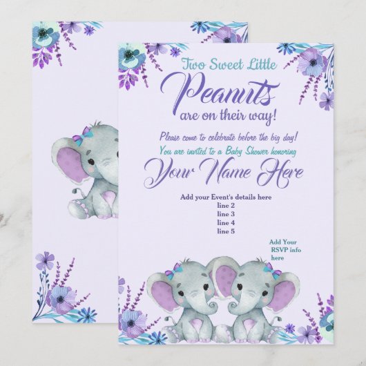 Twins Meisje Olifanten Baby shower Invitation Flor Kaart (Voorkant / Achterkant)