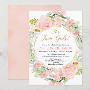 Twins meisjes baby shower, bloesem blush roze goud kaart