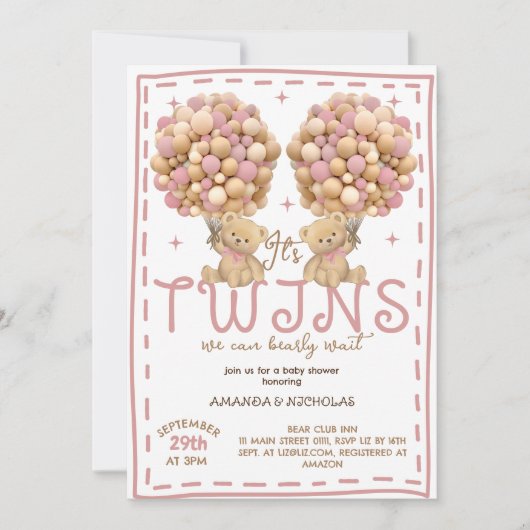 Twins Meisjes Beer Roze Ballon Baby shower Kaart (Voorkant)