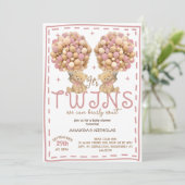 Twins Meisjes Beer Roze Ballon Baby shower Kaart (Staand voorkant)