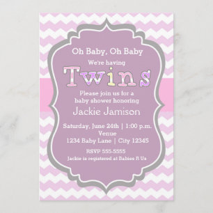 TWINS meisjes paarse Baby shower Chevron Uitnodigi Kaart