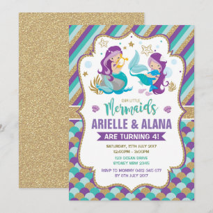 Twins Mermaid Birthday Invitation Girls Pool Party Kaart