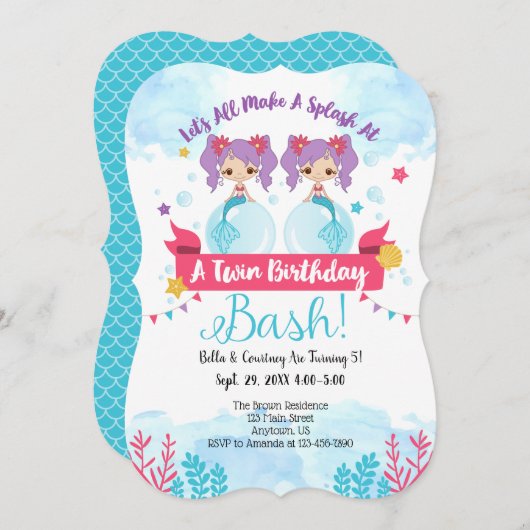 Twins Mermaid Birthday Invitation Kaart (Voorkant / Achterkant)