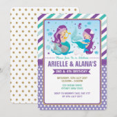 Twins Mermaid Birthday Invitation Sisters Siblings Kaart (Voorkant / Achterkant)