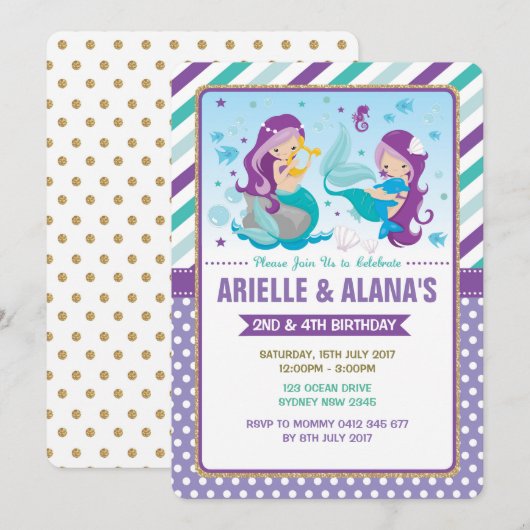 Twins Mermaid Birthday Invitation Sisters Siblings Kaart (Voorkant / Achterkant)