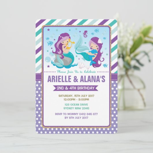 Twins Mermaid Birthday Invitation Sisters Siblings Kaart (Staand voorkant)