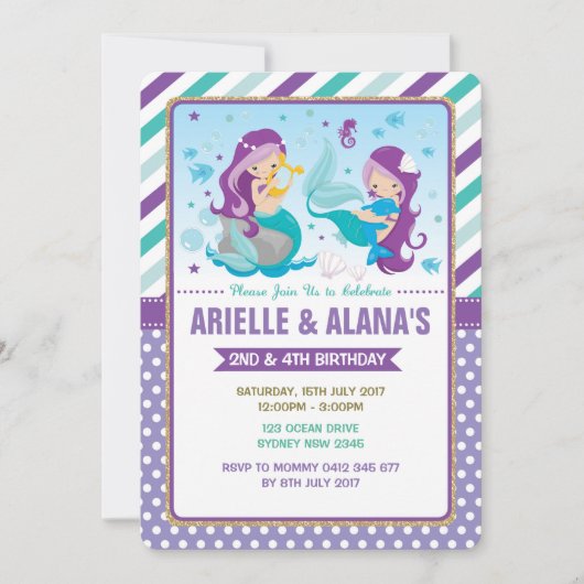 Twins Mermaid Birthday Invitation Sisters Siblings Kaart (Voorkant)