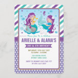 Twins Mermaid Birthday Invitation Sisters Siblings Kaart<br><div class="desc">Twins Mermaid Birthday Party Invite</div>