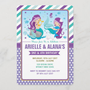 Twins Mermaid Birthday Invitation Sisters Siblings Kaart