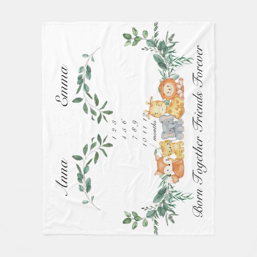 Twins Mijlpaal Gender Neutral Baby Animals Fleece Deken (Voorkant)