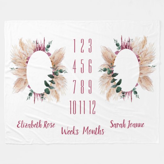 Twins Milestone Baby Blanket Pampas & Eucalyptus Fleece Deken (Voorkant (Horizontaal))