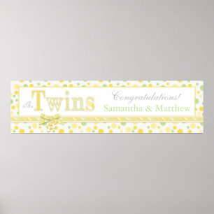 TWINS Mint Green Yellow Stip Baby shower Banner Poster