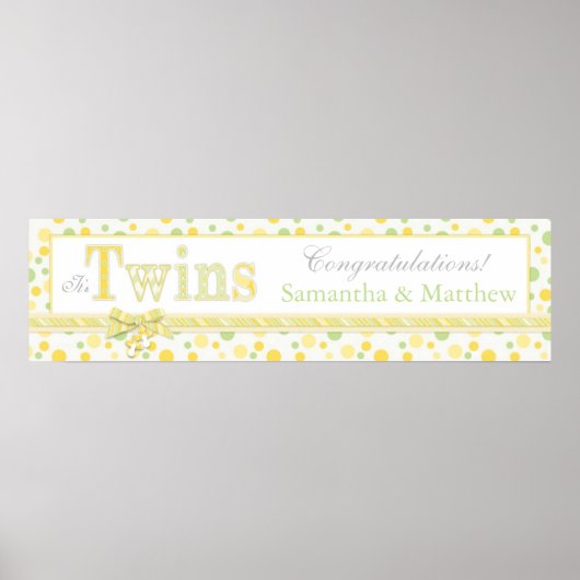 TWINS Mint Green Yellow Stip Baby shower Banner Poster (Voorkant)