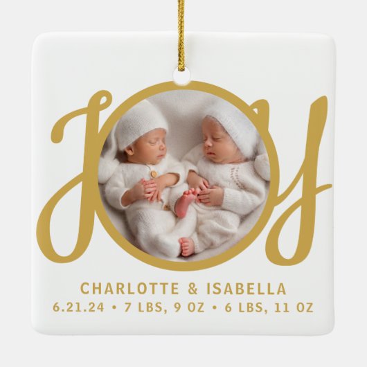 Twins Names Birth Stats Photo Gold Script Keepsake Keramisch Ornament (Achterkant)