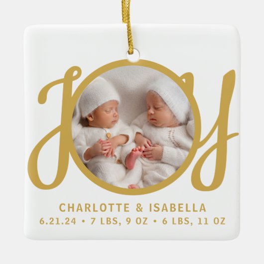 Twins Names Birth Stats Photo Gold Script Keepsake Keramisch Ornament (Voorkant)