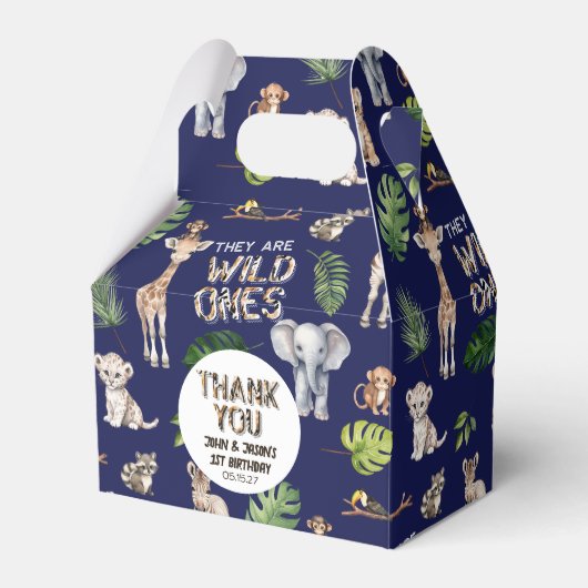 Twins Navy Blue Safari Oerwoud thema 1e verjaardag Bedankdoosjes (Voorkant Zijde)