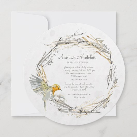 Twin's Nest Round Baby shower Invitation Kaart (Voorkant)