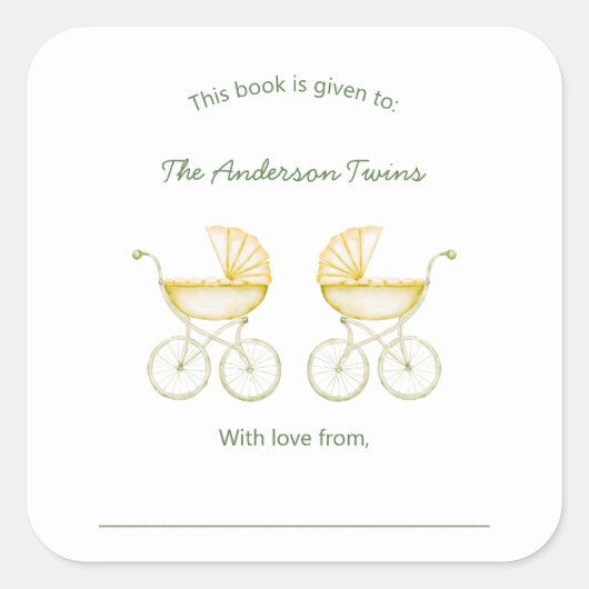 Twins neutral gender carriages Baby Shower Vierkante Sticker (Voorkant)