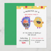 TWINS of SIBLATE Invitation Monster Birthday Party Kaart (Voorkant / Achterkant)