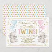 TWINS Olifant Baby shower Blauw Roze Goud Invite Kaart (Voorkant / Achterkant)