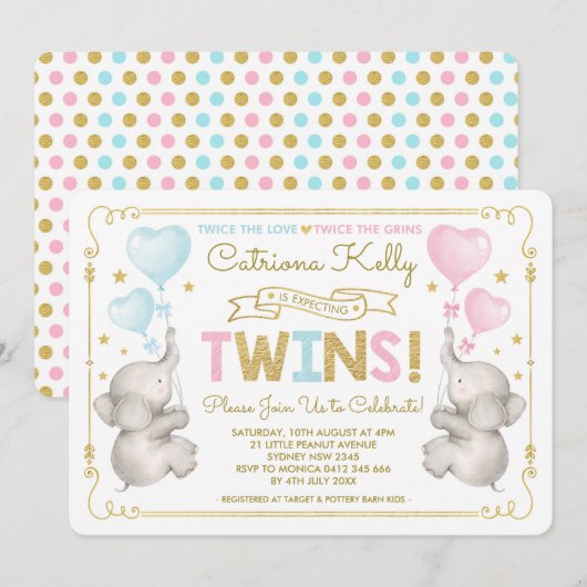 TWINS Olifant Baby shower Blauw Roze Goud Invite Kaart (Voorkant / Achterkant)