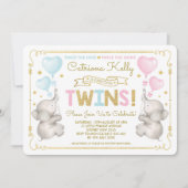 TWINS Olifant Baby shower Blauw Roze Goud Invite Kaart (Voorkant)