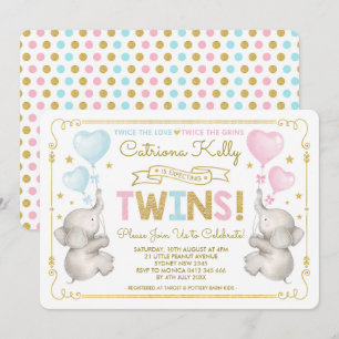 TWINS Olifant Baby shower Blauw Roze Goud Invite Kaart