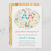 Twins Owl Baby shower Invite Boy Gril Kaart (Voorkant / Achterkant)