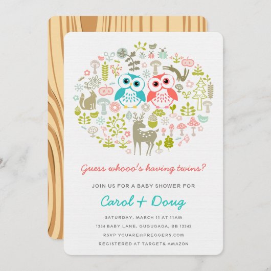 Twins Owl Baby shower Invite Boy Gril Kaart (Voorkant / Achterkant)