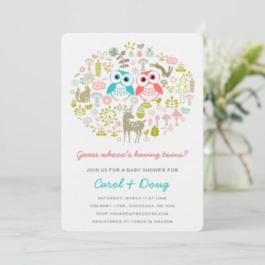 Twins Owl Baby shower Invite Boy Gril Kaart (Staand voorkant)
