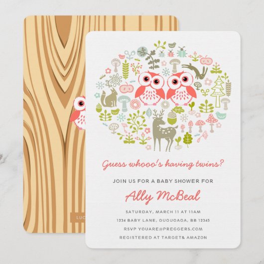 Twins Owl Baby shower nodigt meisjes roze uit Kaart (Voorkant / Achterkant)