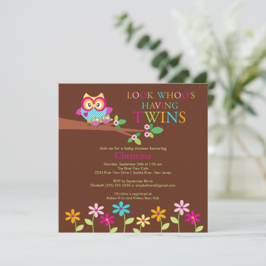 Twins Owl Baby Shower-uitvindingen Kaart (Staand voorkant)