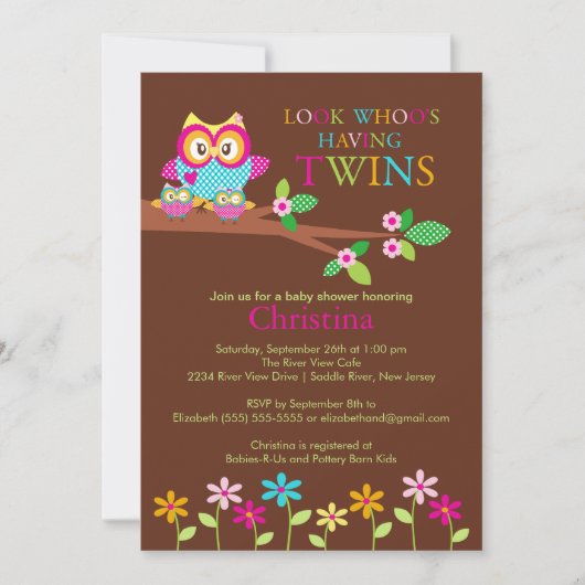 Twins Owl Baby Shower-uitvindingen Kaart (Voorkant)
