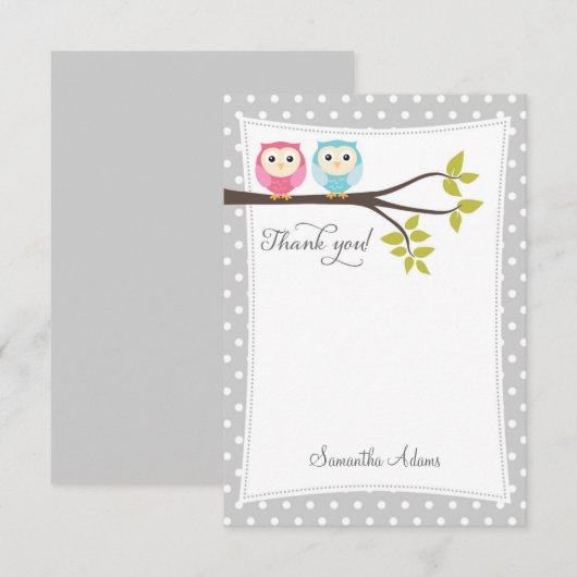 Twins Owls - Hartelijk dank voor uw kaart (grijs) Notitiekaartje (Voorkant / Achterkant)