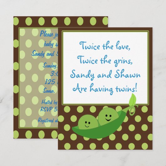 Twins Peas in a Pod Baby shower Invitation Kaart (Voorkant / Achterkant)