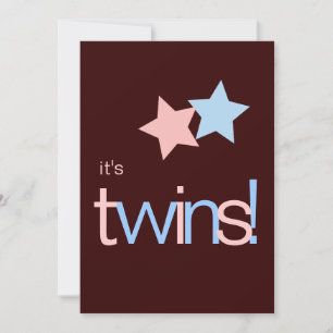 Twins Pink Blue Brown Baby shower Kaart