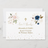 Twins Pink Blue Flowers Primer Añito Y Bautizo Bedankkaart (Voorkant)