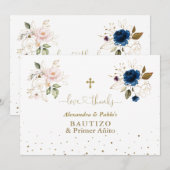 Twins Pink Blue Flowers Primer Añito Y Bautizo Bedankkaart (Voorkant / Achterkant)