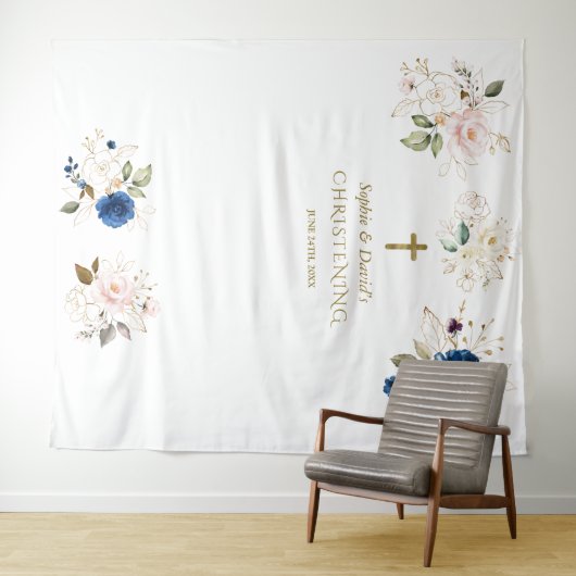 Twins Pink Blush Floral Christening Photo Prop Wandkleed (In Situ (horizontaal))