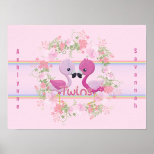 Twins Pink Flamingo Baby shower gepersonaliseerd Poster