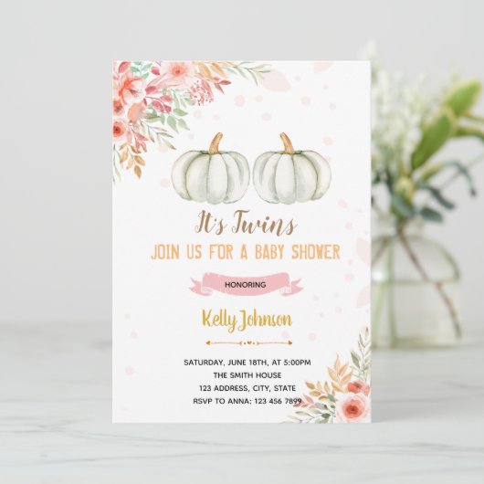 Twins pompoen douche uitnodiging (Staand voorkant)
