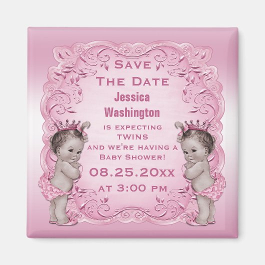  Twins Princess Baby shower Save the Date Magneet (Voorkant)
