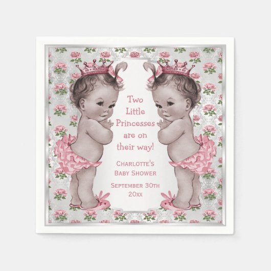 Twins  Princess Rozen Zilver Baby shower Servet (Voorkant)