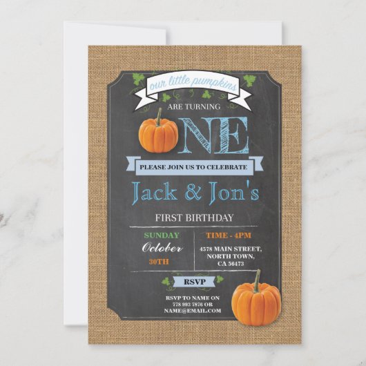 Twins Pumpkin 1st First One Birthday Party nodigt  Kaart (Voorkant)