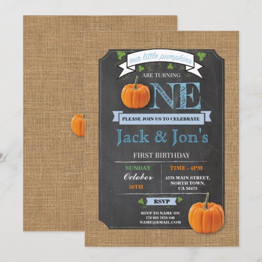 Twins Pumpkin 1st First One Birthday Party nodigt  Kaart (Voorkant / Achterkant)