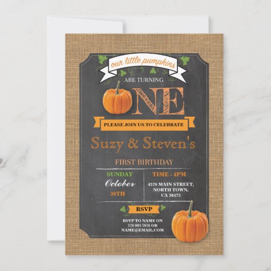 Twins Pumpkin 1st First One Birthday Party nodigt Kaart (Voorkant)
