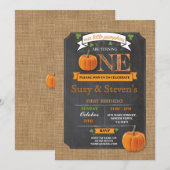 Twins Pumpkin 1st First One Birthday Party nodigt Kaart (Voorkant / Achterkant)